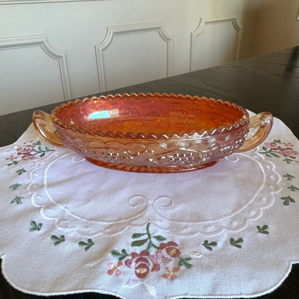 Carnival Glass Iridescent Orange Handled Serving Bowl